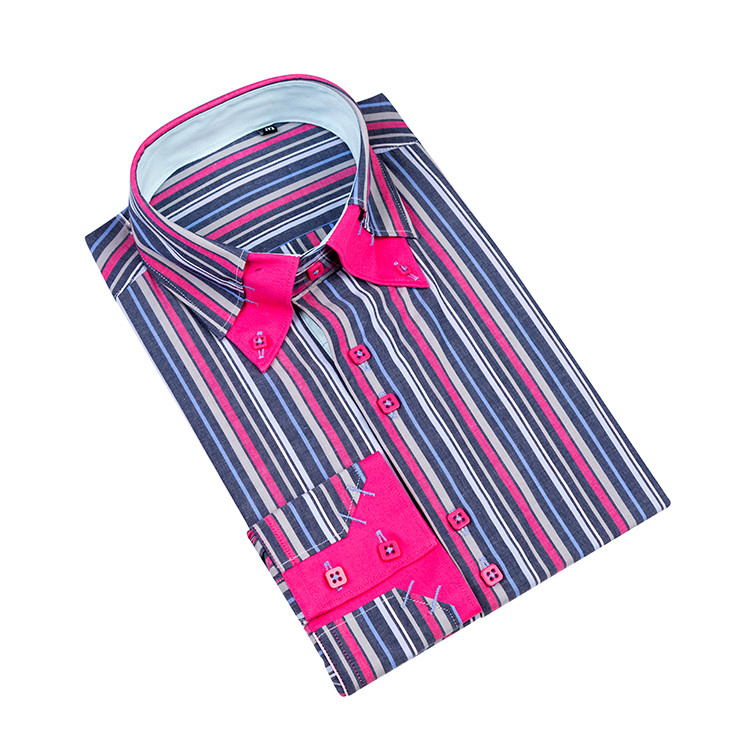 Yunfantex In Stock Promotion men stripe double collar long sleeve cotton shirt lowest price