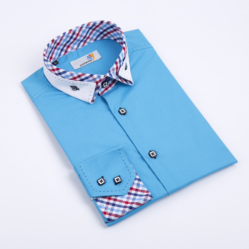 Yunfantex In Stock Hot Sale Men Double Collar Casual Solid Color Long Sleeve Shirt
