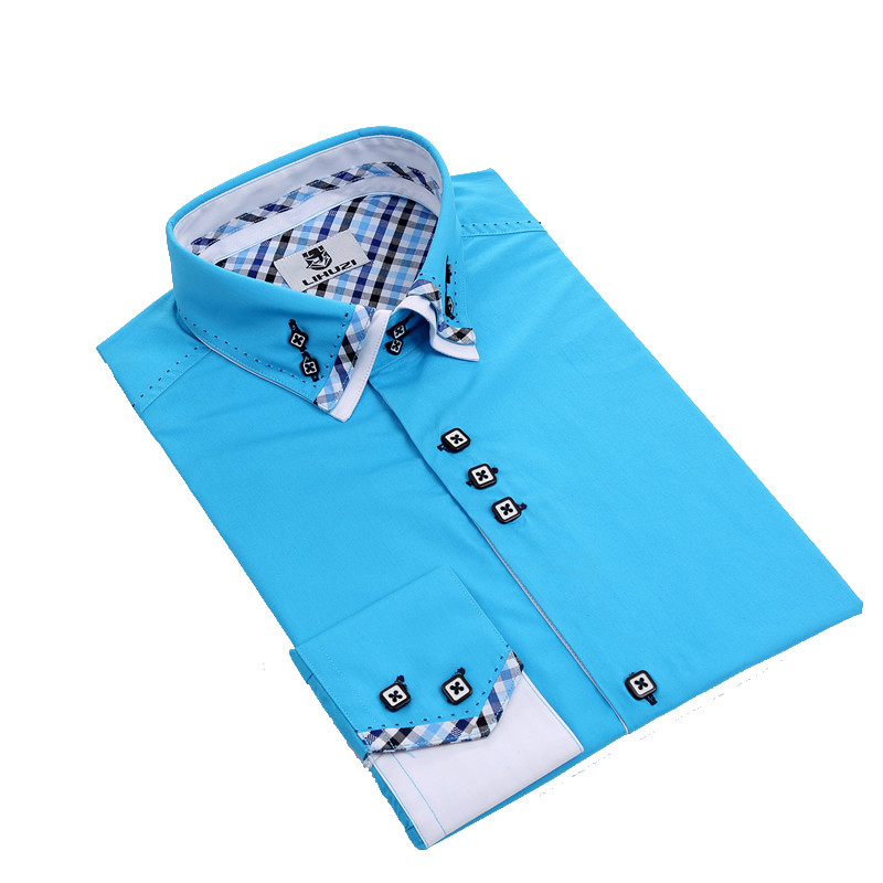 Yunfantex In Stock New Italy style blue contrast color men double collar business 100 cotton casual shirt