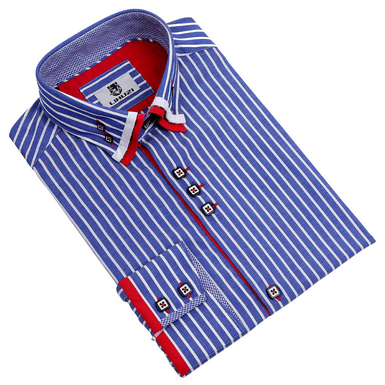 Yunfantex Men's Business Suits Shirts Long Sleeve Cotton Navy Striped Dress Shirt