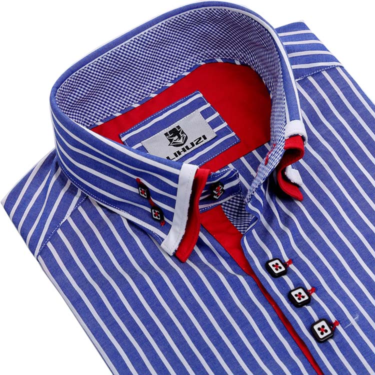 Yunfantex Men's Business Suits Shirts Long Sleeve Cotton Navy Striped Dress Shirt