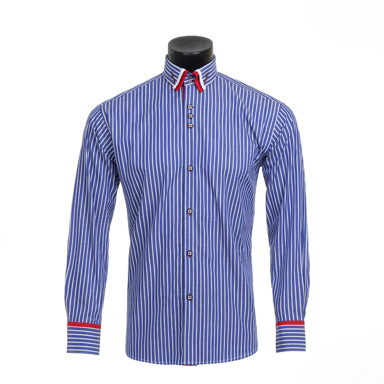 Yunfantex Men's Business Suits Shirts Long Sleeve Cotton Navy Striped Dress Shirt