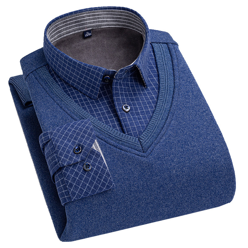 Yunfantex Hot Selling Velvet Autumn and Winter Warm Thickened Plaid Long Sleeves Pullover Knitted Sweater Shirt For Men