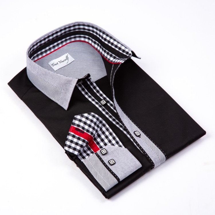 Yunfantex New Style Men Cotton Business Long Sleeve Black Shirt Contrast Collar Cuff Placket