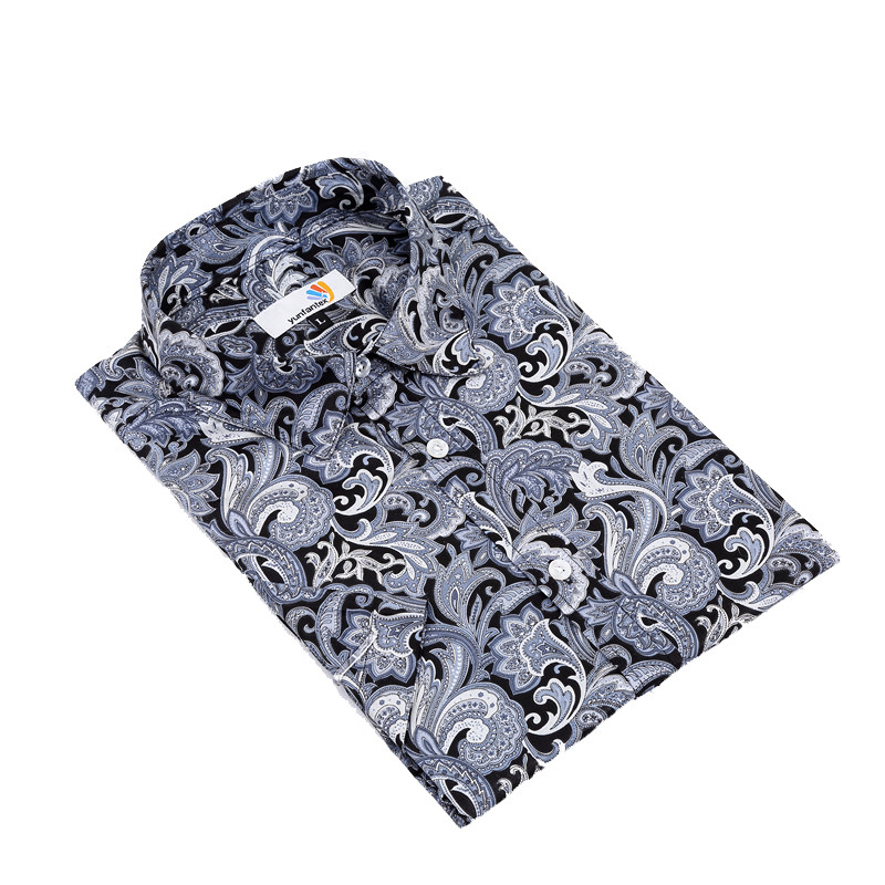 Yunfantex Men Hawaiian Style Custom Printed Paisley Flower Beach Short Sleeve Cotton Shirt