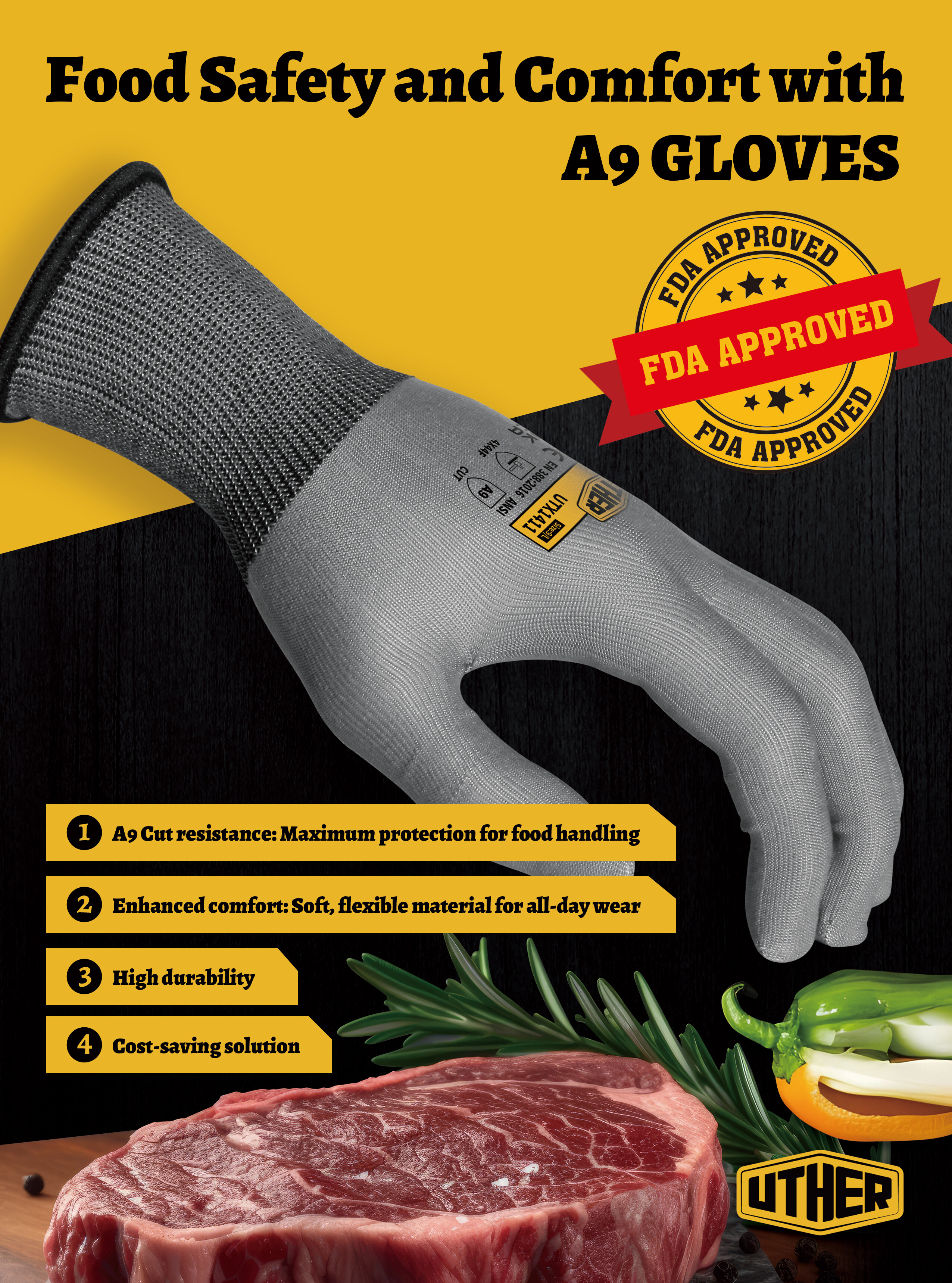 13 Gauge A9 Food Grade Approved Gloves