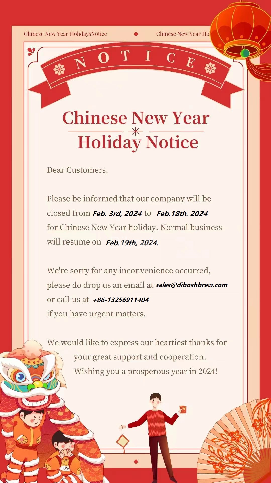 Chinese New Year Holiday Notice