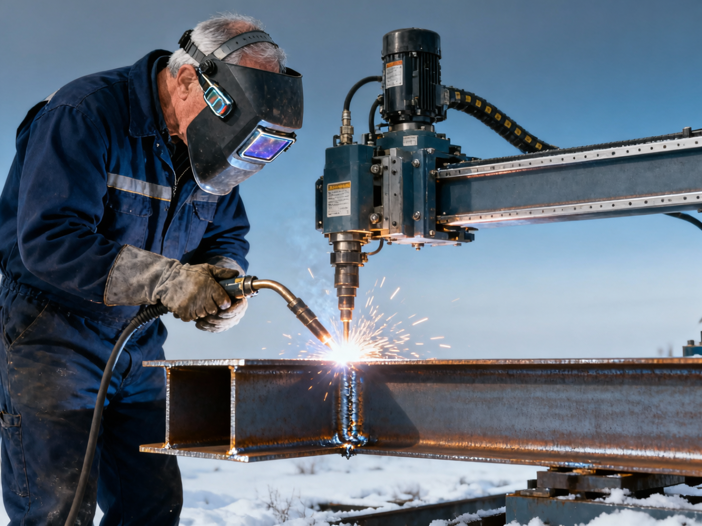Why does my H-beam welding machine fail when welding ASTM A572 Grade 50 steel in outdoor conditions below 5°C?