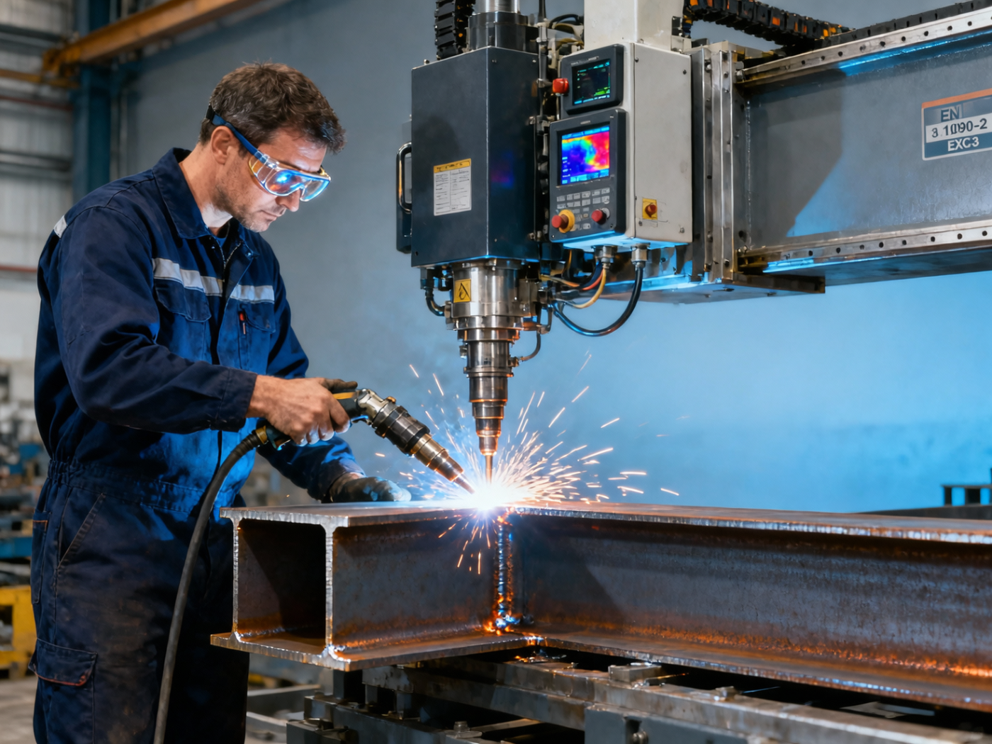 What industry applications require real-time thermal distortion compensation in H-beam welding machines for EN 1090-2 EXC3 execution class?