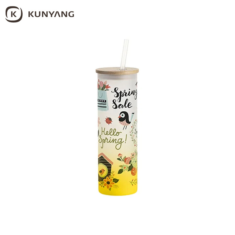 Sublimation Blanks 20oz/600ml Glass Skinny Tumbler w/Straw & Bamboo Lid