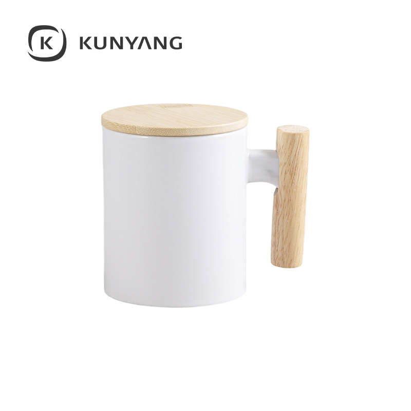 11oz White Mug w/Wooden Handle & Bamboo Lid