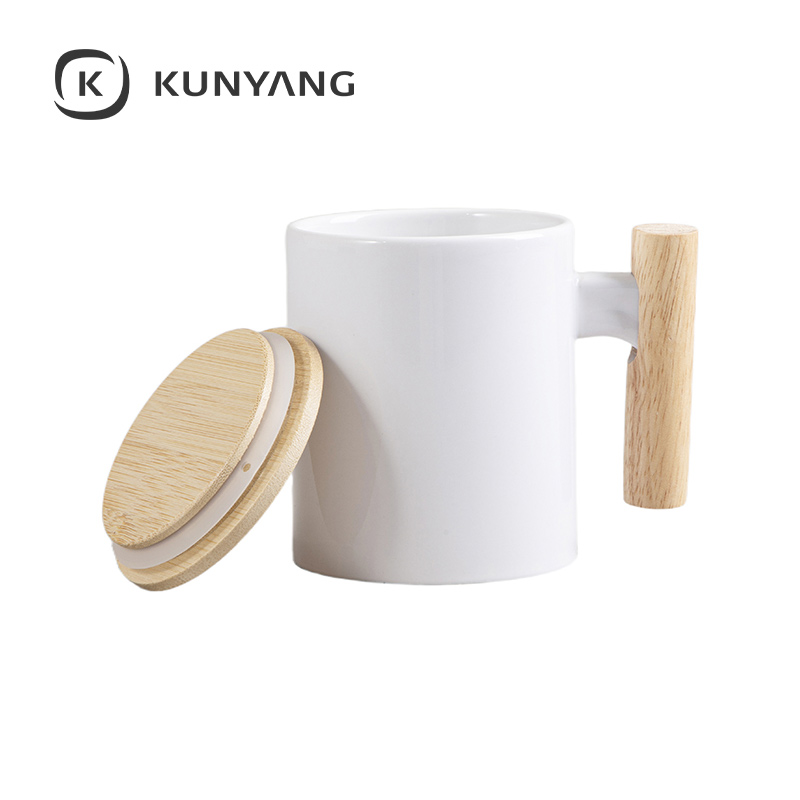 11oz White Mug w/Wooden Handle & Bamboo Lid