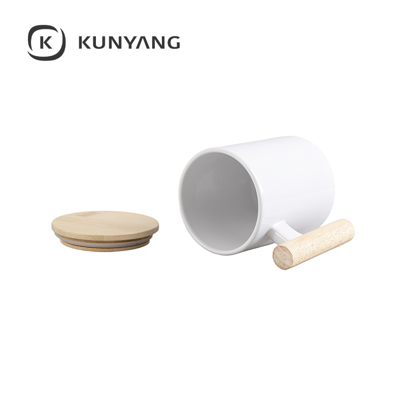 11oz White Mug w/Wooden Handle & Bamboo Lid