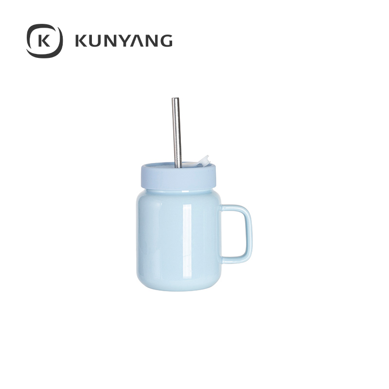 17oz/500ml Ceramic Mason Jar with Silicon Lid Blue