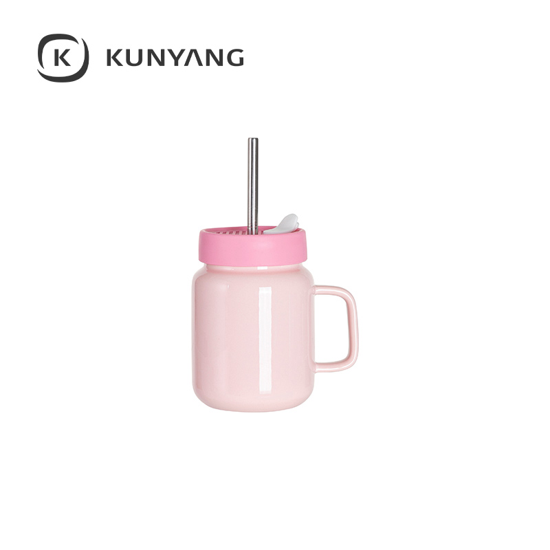 17oz/500ml Ceramic Mason Jar with Silicon Lid Pink