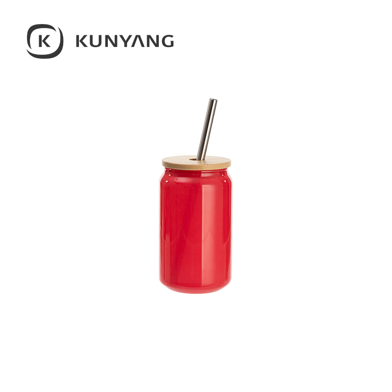Thermal Color Glass Can with Bamboo Lid Red