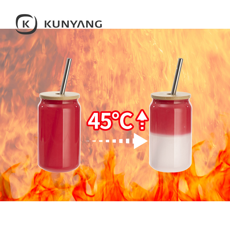 Thermal Color Glass Can with Bamboo Lid Red