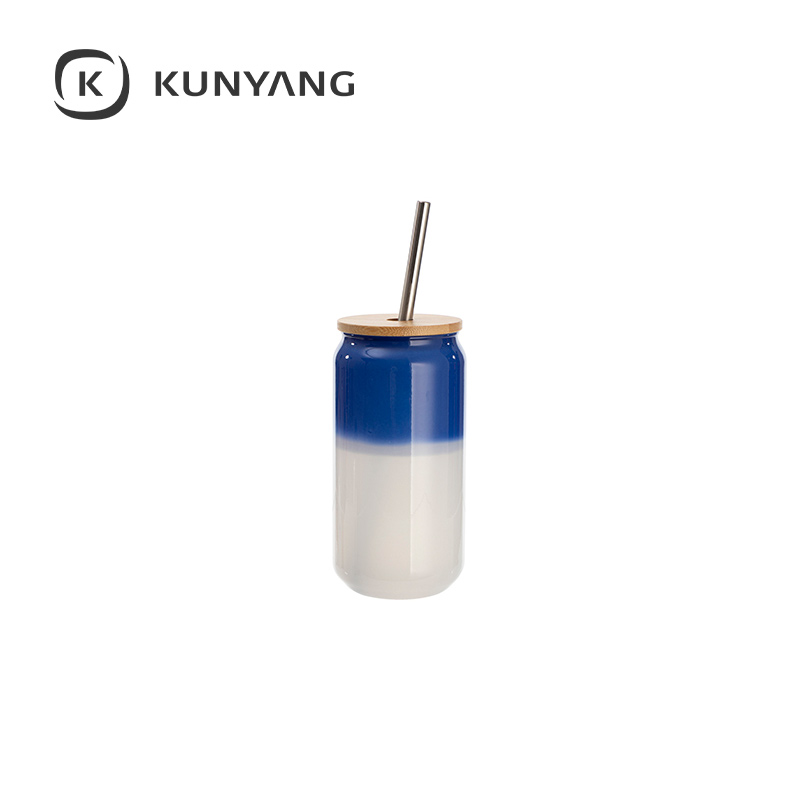 Thermal Color Glass Can with Bamboo Lid Blue