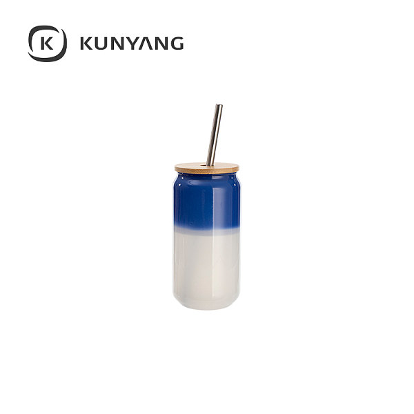 Thermal Color Glass Can with Bamboo Lid Blue