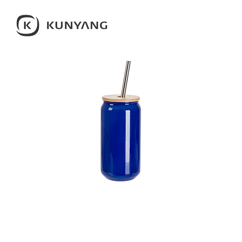 Thermal Color Glass Can with Bamboo Lid Blue