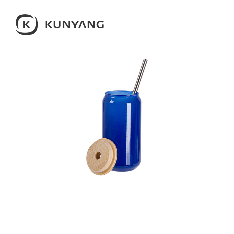 Thermal Color Glass Can with Bamboo Lid Blue