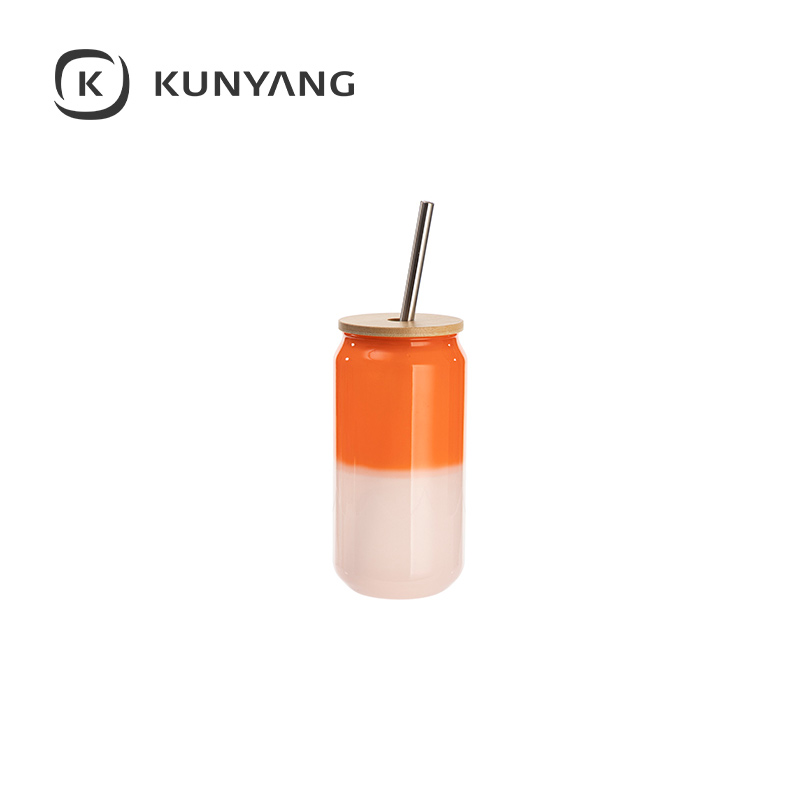 Thermal Color Glass Can with Bamboo Lid Orange