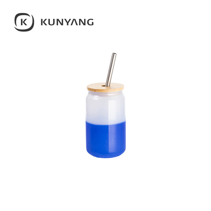 Cold Color Glass Can with Bamboo Lid Blue