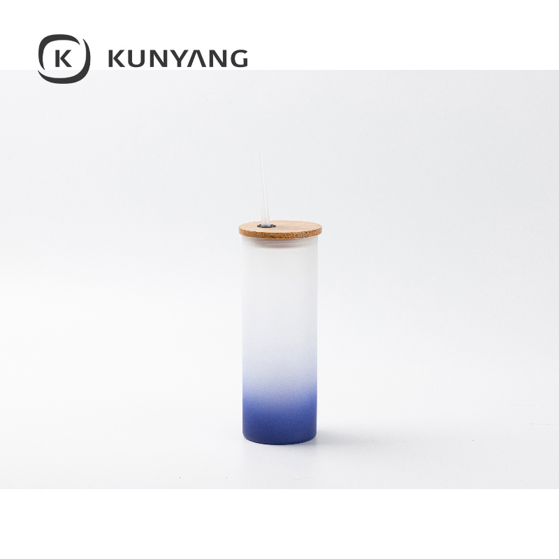 17oz/500ml Glass Skinny Tumbler w/Straw & Bamboo Lid(Frosted) Dark Blue