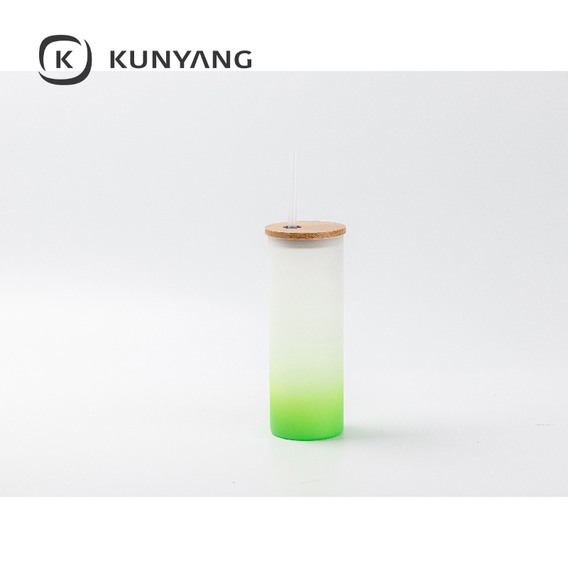 17oz/500ml Glass Skinny Tumbler w/Straw & Bamboo Lid(Frosted) Green