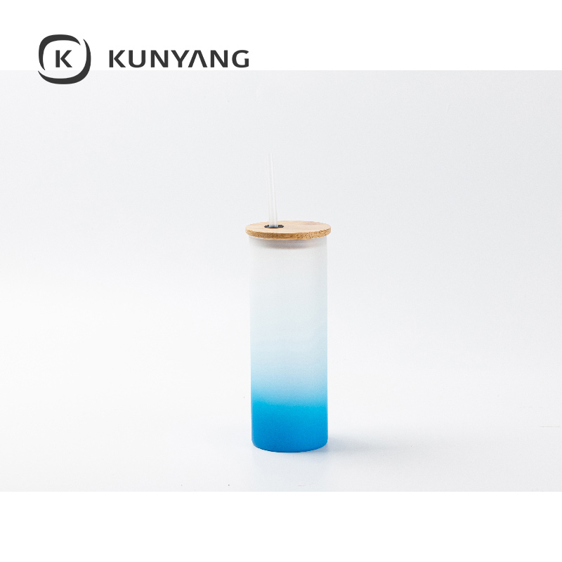 17oz/500ml Glass Skinny Tumbler w/Straw & Bamboo Lid(Frosted) Light Blue