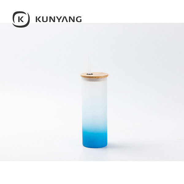17oz/500ml Glass Skinny Tumbler w/Straw & Bamboo Lid(Frosted) Light Blue