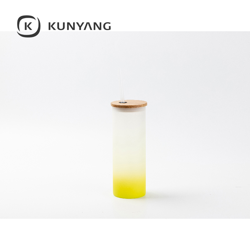17oz/500ml Glass Skinny Tumbler w/Straw & Bamboo Lid(Frosted) Lemon Yelllow