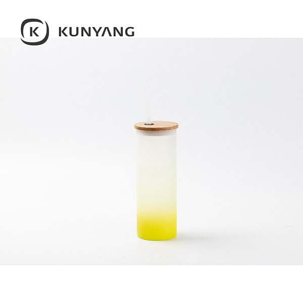 17oz/500ml Glass Skinny Tumbler w/Straw & Bamboo Lid(Frosted) Lemon Yelllow