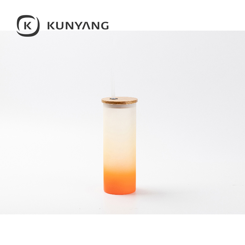 17oz/500ml Glass Skinny Tumbler w/Straw & Bamboo Lid(Frosted) Orange