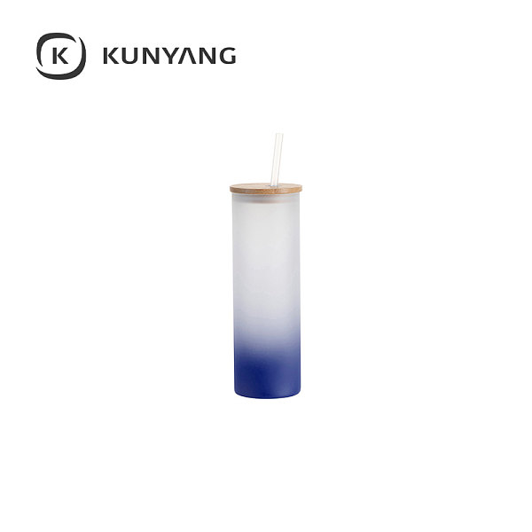 20oz/600ml Glass Skinny Tumbler w/Straw & Bamboo Lid Dark Blue