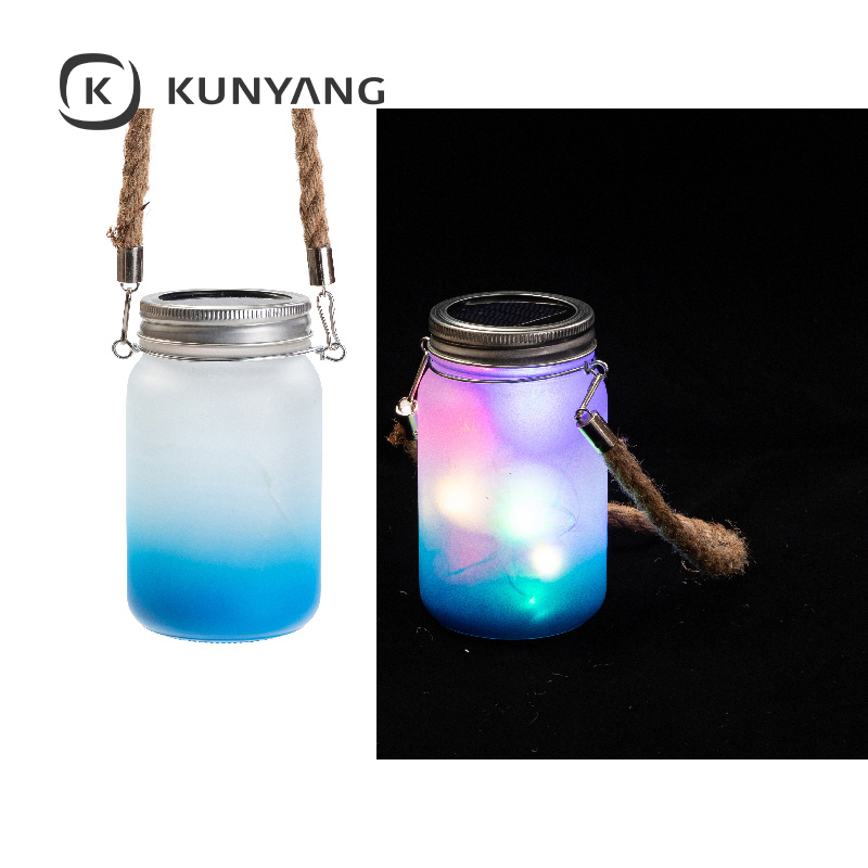 15oz/450ml Mason Jar w/Lantern Lid and Hemp Rope Handle Light Blue