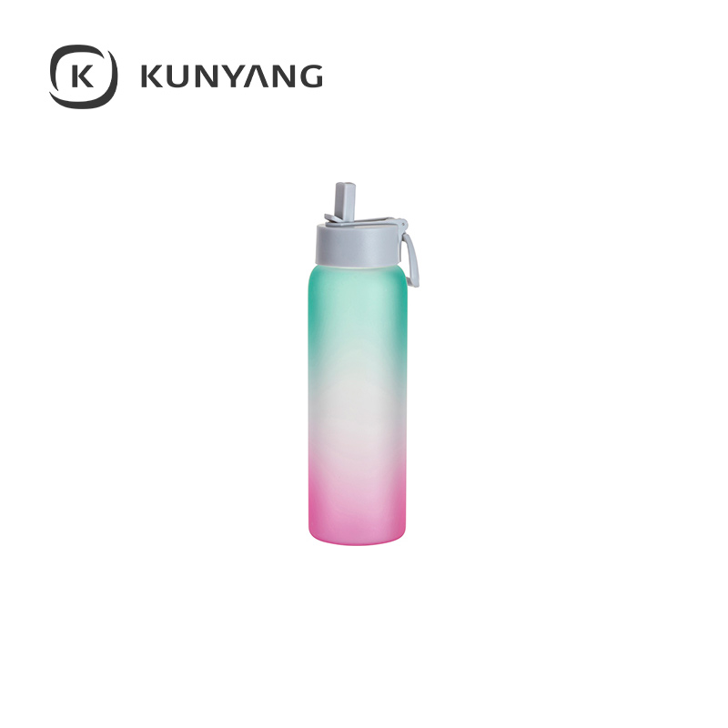 32oz/950ml Glass Sports Bottle w/Grey Straw Lid Green Purple