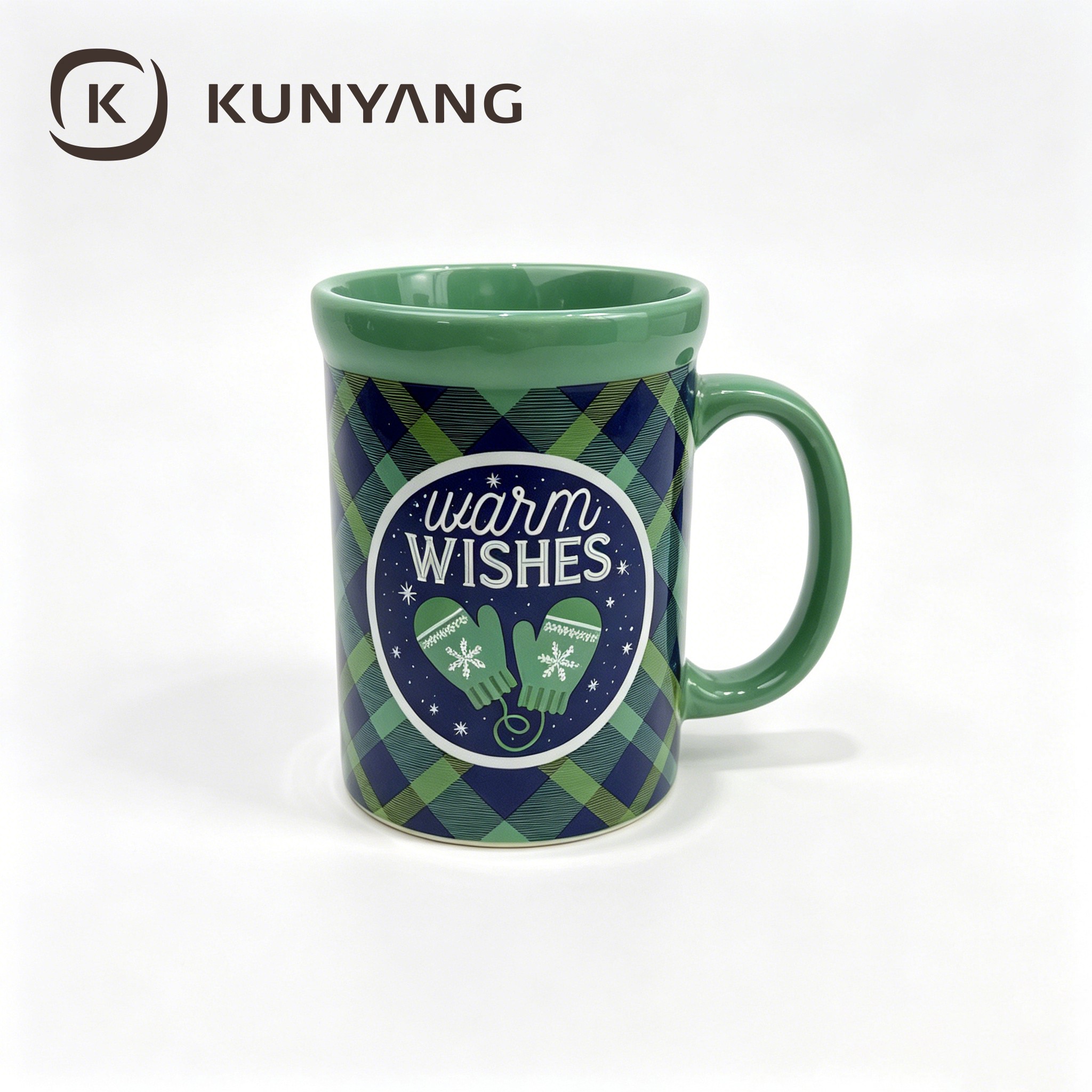 Green Plaid Christmas Ceramic Mug Warm Wishes & Mittens Holiday Coffee Cup with Handle