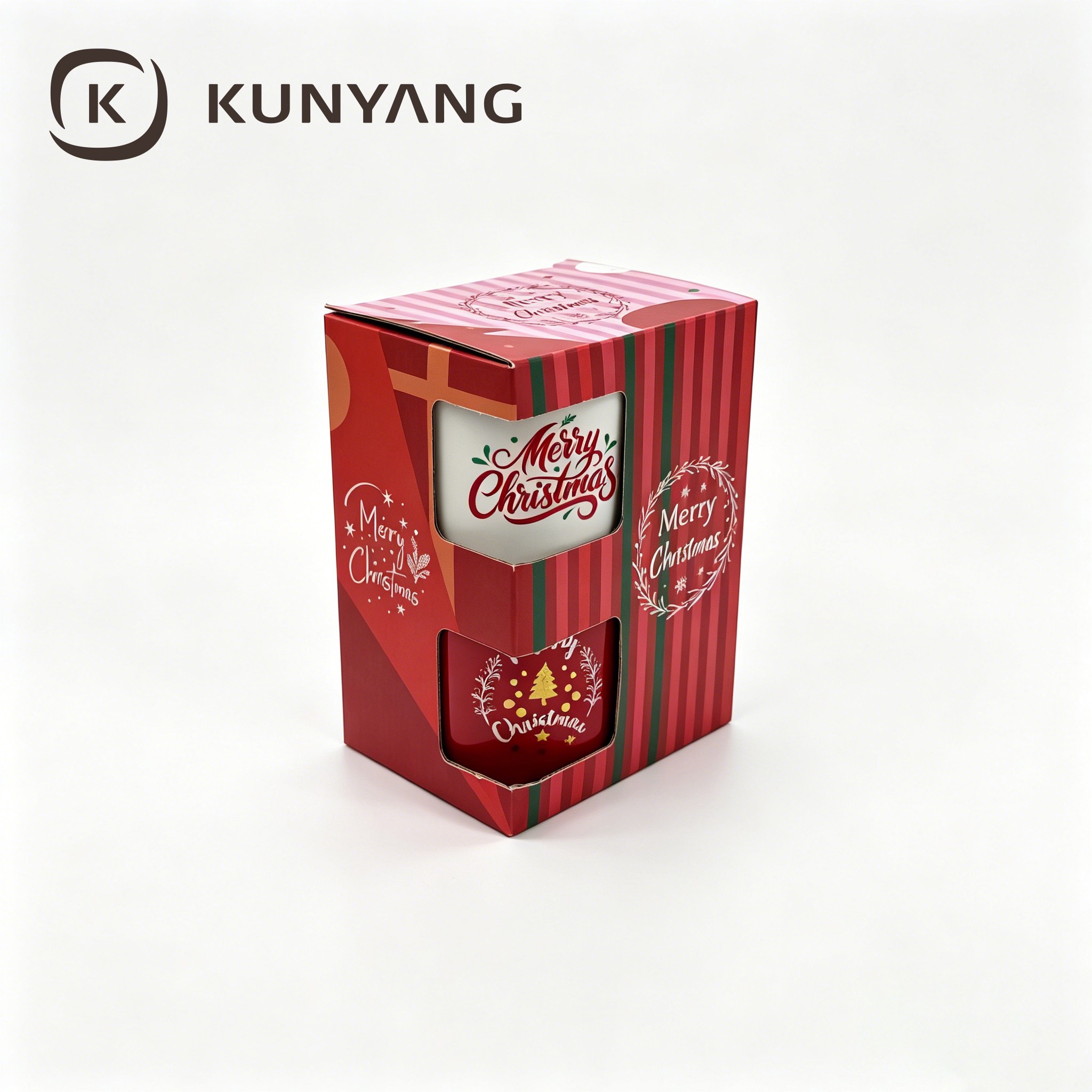 Red Striped Christmas Window Gift Box, Xmas Ceramic Cup Packaging Box