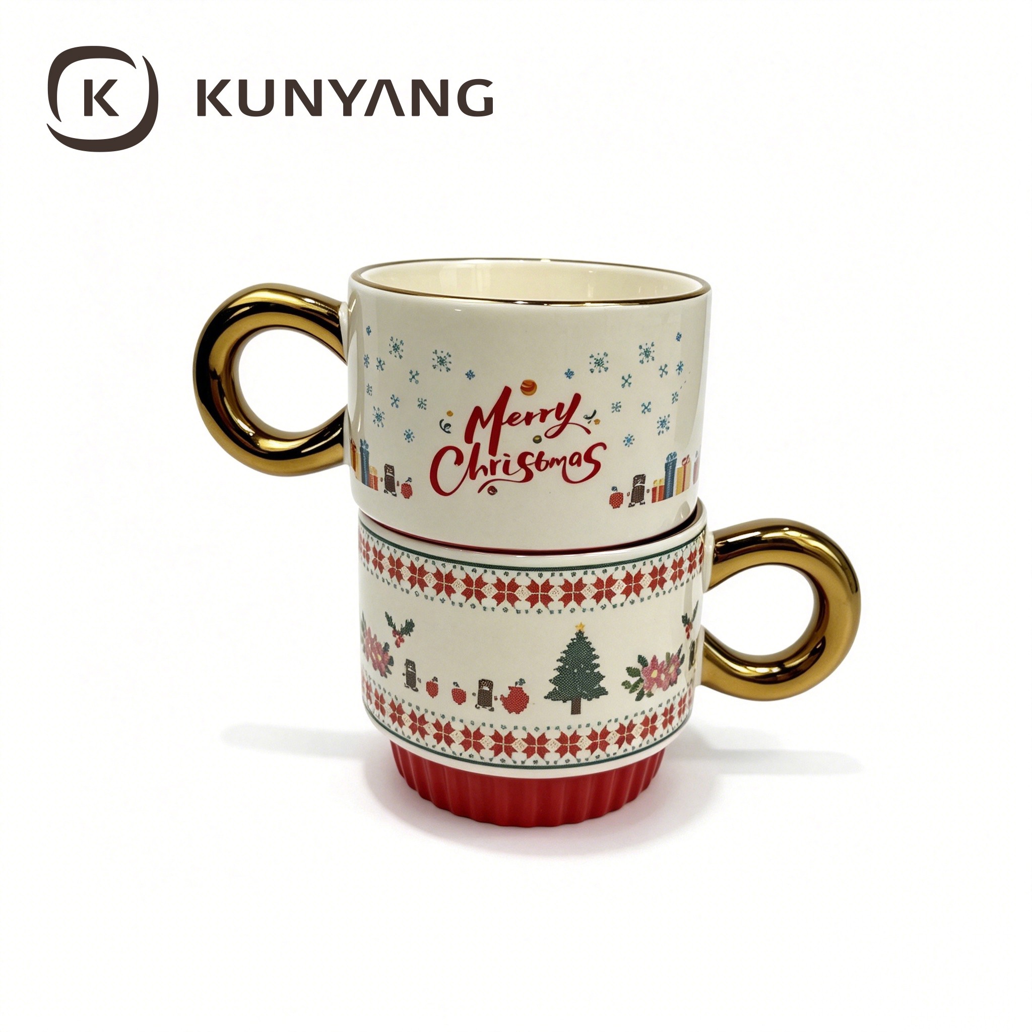 Stackable Christmas Knit Pattern Mug, Gold Plated Handle Ceramic Xmas Holiday Gift Cup