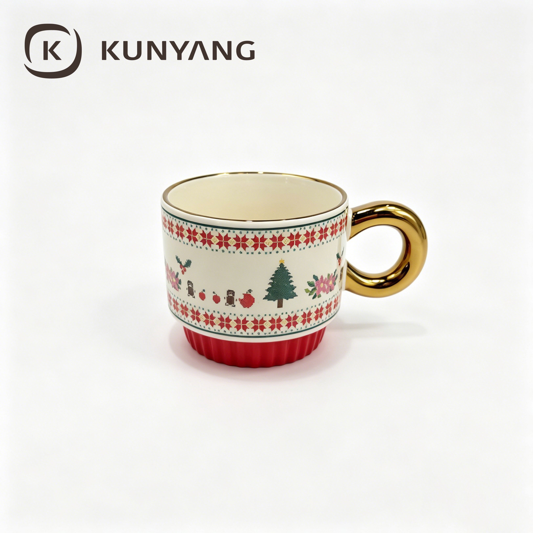 Stackable Christmas Knit Pattern Mug, Gold Plated Handle Ceramic Xmas Holiday Gift Cup