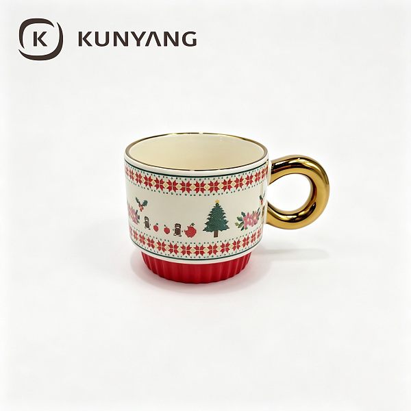 Stackable Christmas Knit Pattern Mug, Gold Plated Handle Ceramic Xmas Holiday Gift Cup