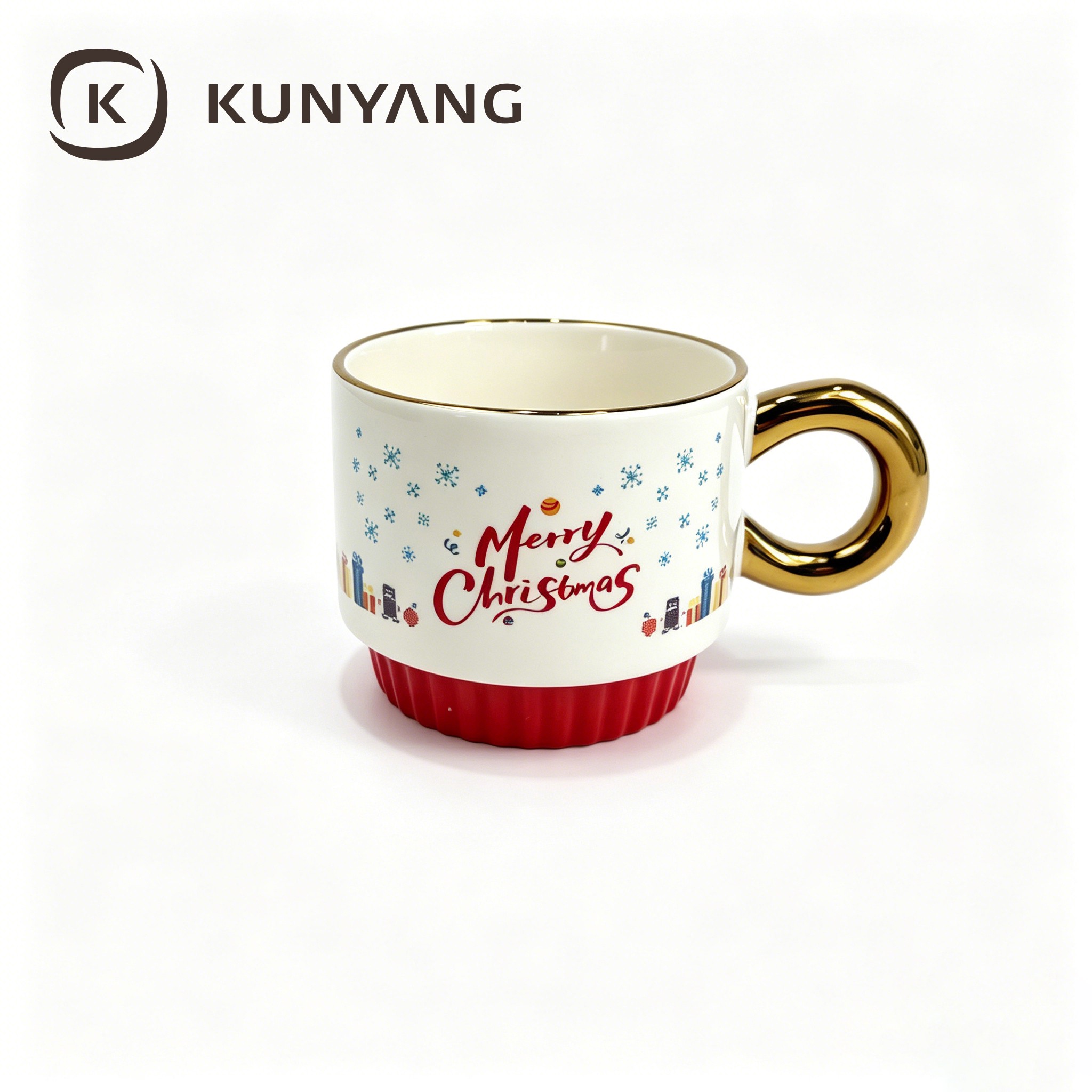 Stackable Christmas Knit Pattern Mug, Gold Plated Handle Ceramic Xmas Holiday Gift Cup