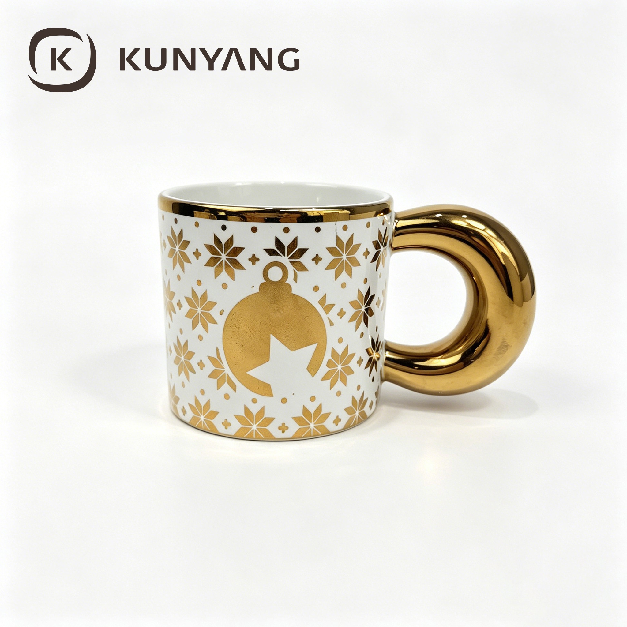 Christmas Golden Reindeer Ceramic Mug, Star Shape Gold Handle Gilt Rim Coffee Cup, Xmas Holiday Luxury Drinkware Gift