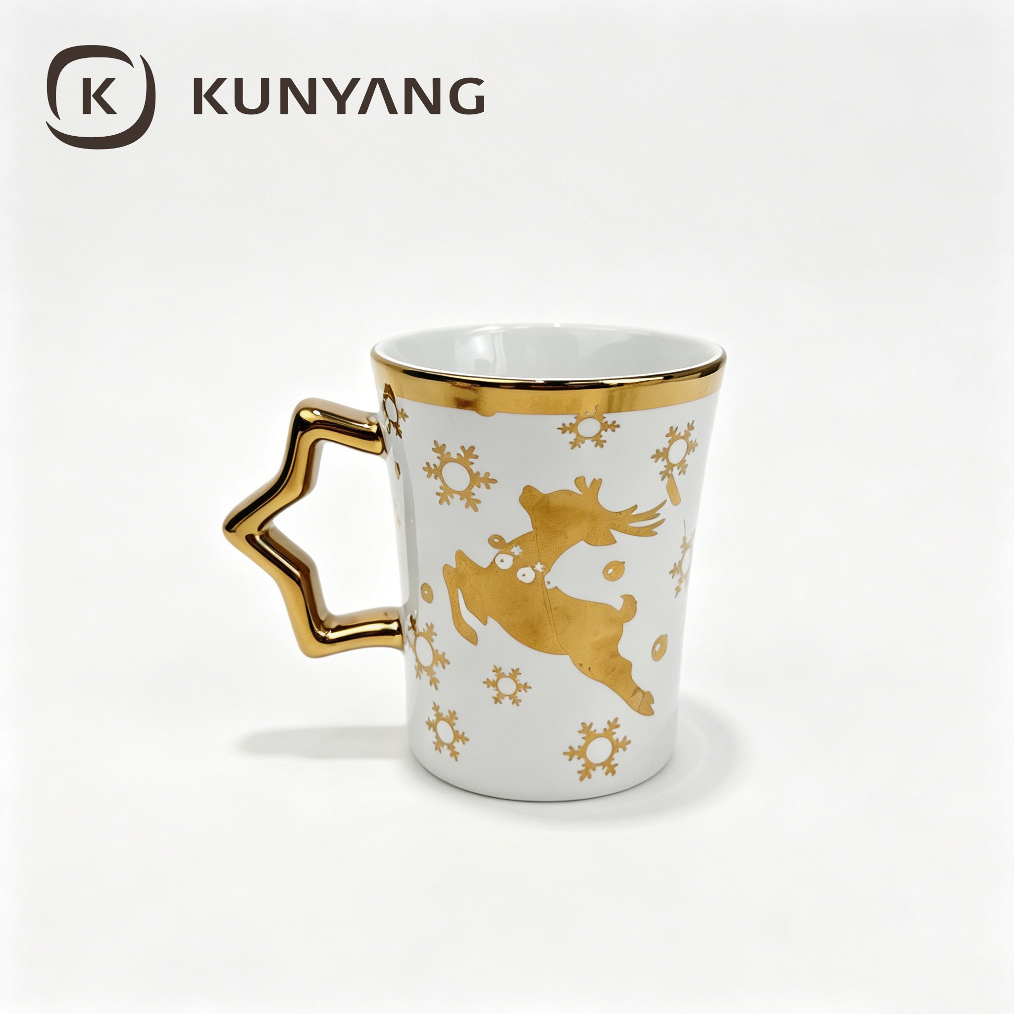 Christmas Golden Reindeer Ceramic Mug, Star Shape Gold Handle Gilt Rim Coffee Cup, Xmas Holiday Luxury Drinkware Gift