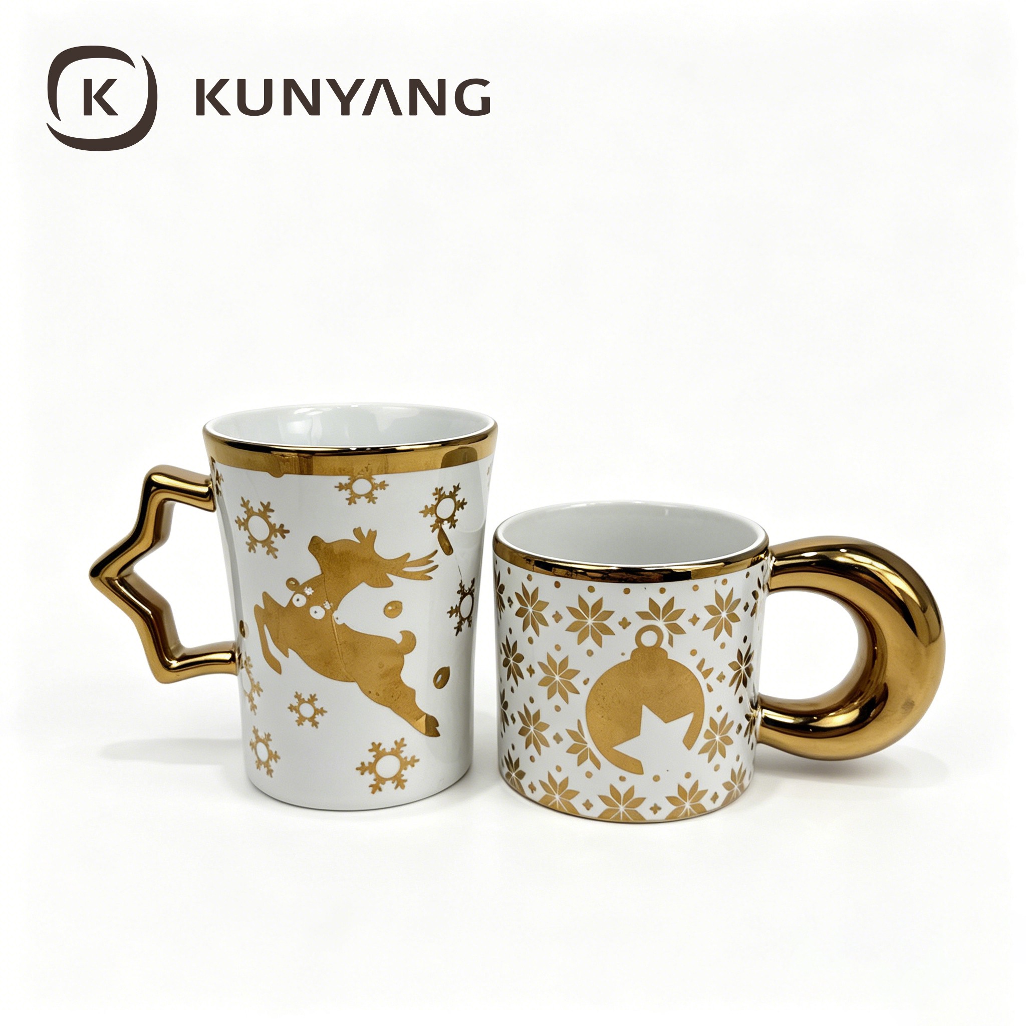 Christmas Golden Reindeer Ceramic Mug, Star Shape Gold Handle Gilt Rim Coffee Cup, Xmas Holiday Luxury Drinkware Gift