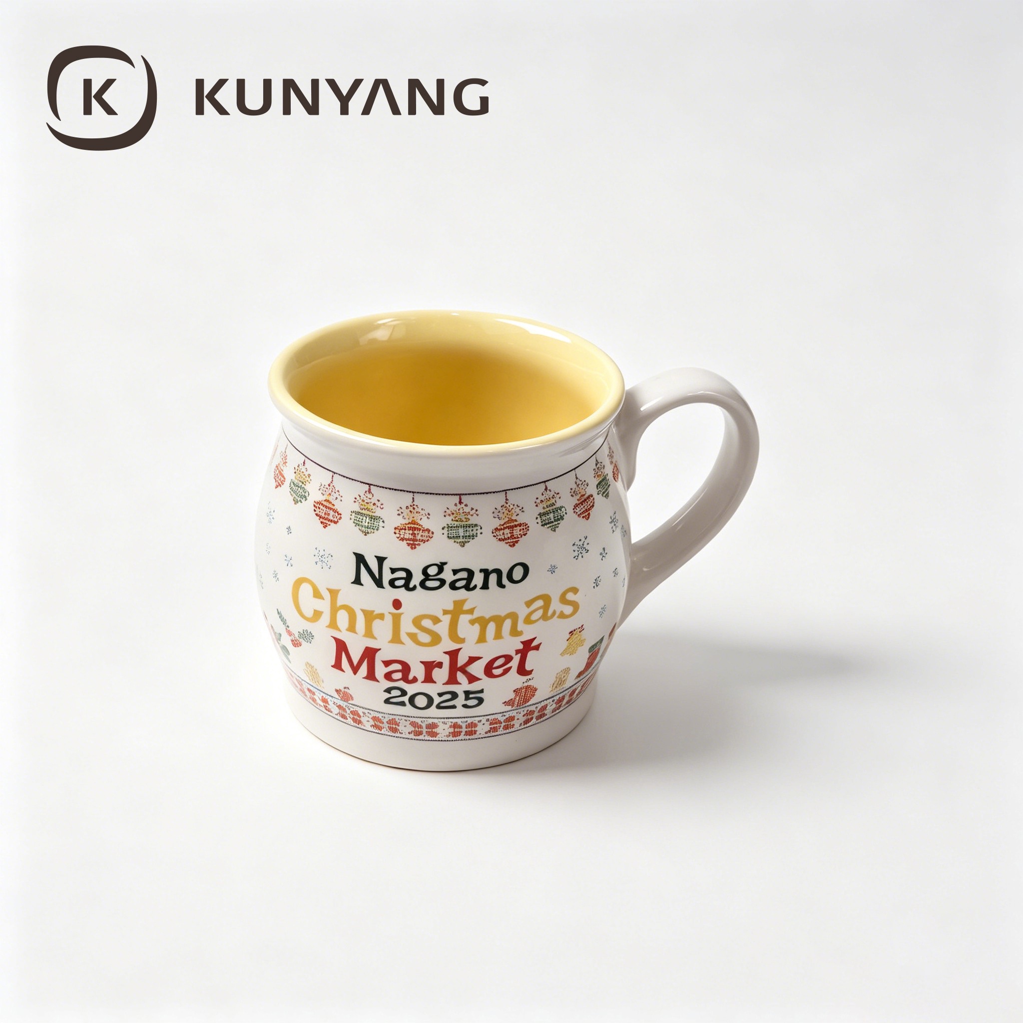 Unique Belly Shaped Ceramic Mug Yellow Inner Glaze Custom Christmas 2026 Souvenir Porcelain Coffee Cup