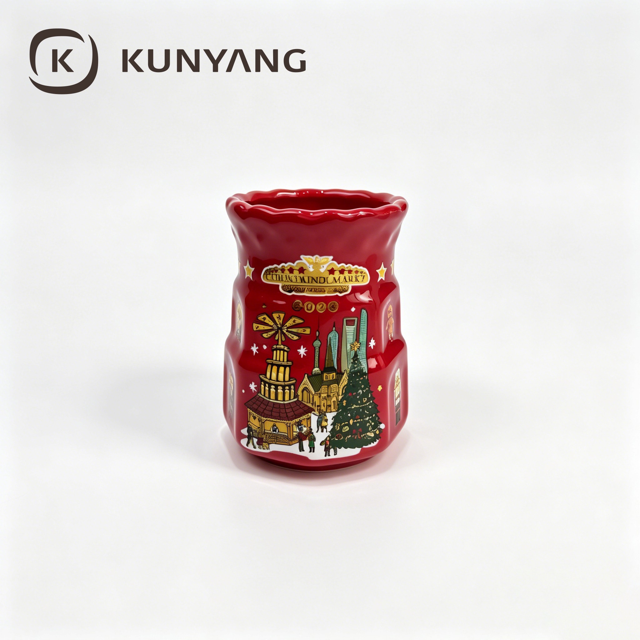 Unique Jar-Shaped Red Porcelain Mug with Christkindlmarkt Illustration for Holiday Souvenirs