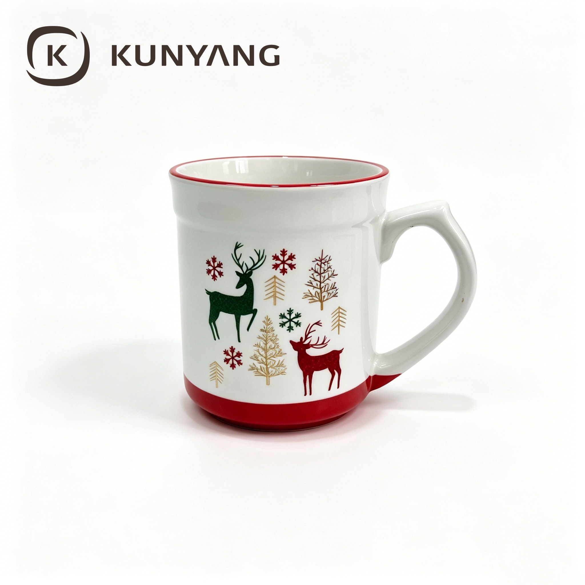 High Quality Christmas Theme Porcelain Mug with Reindeer & Gold Tree Printing for Seasonal Promotion Gift