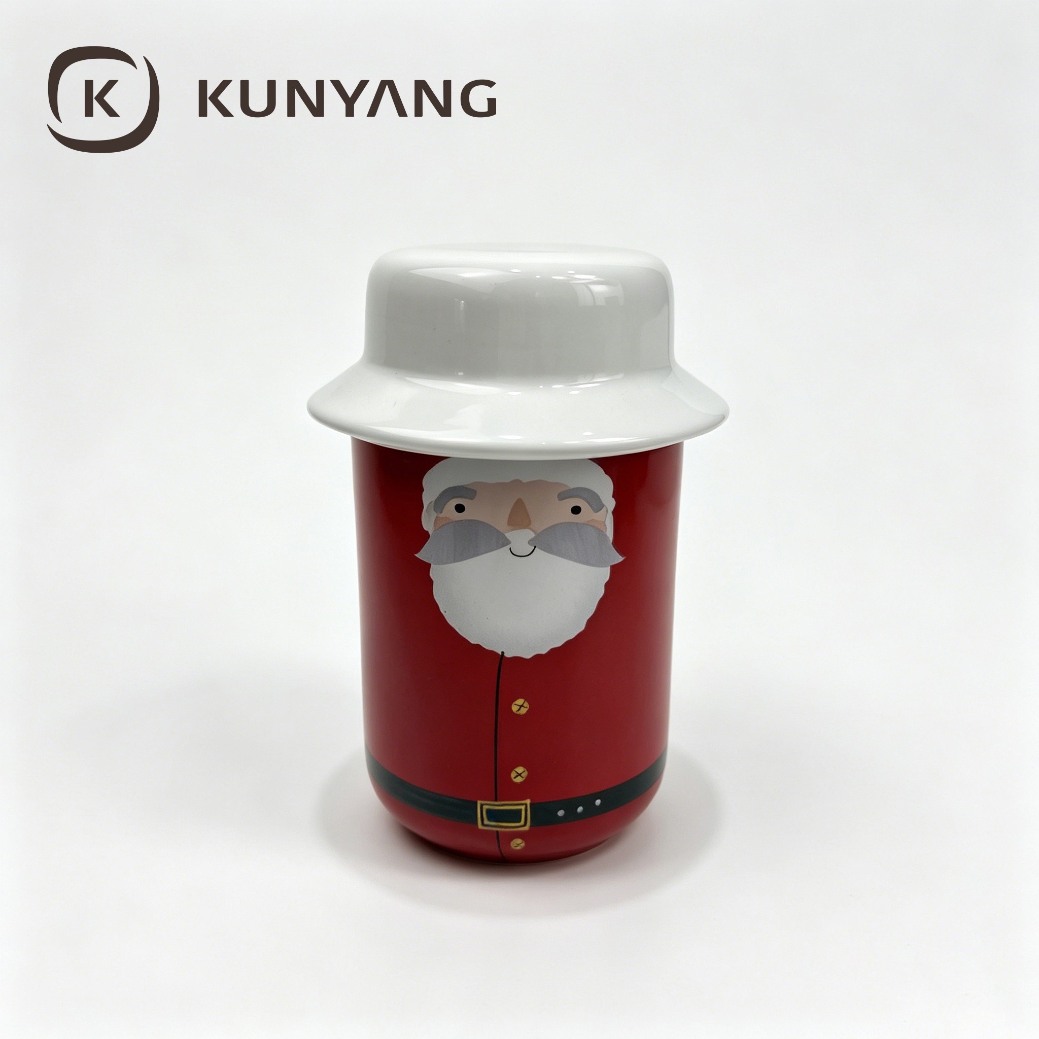 Red Santa Claus ceramic mug with a white cup lid and cap